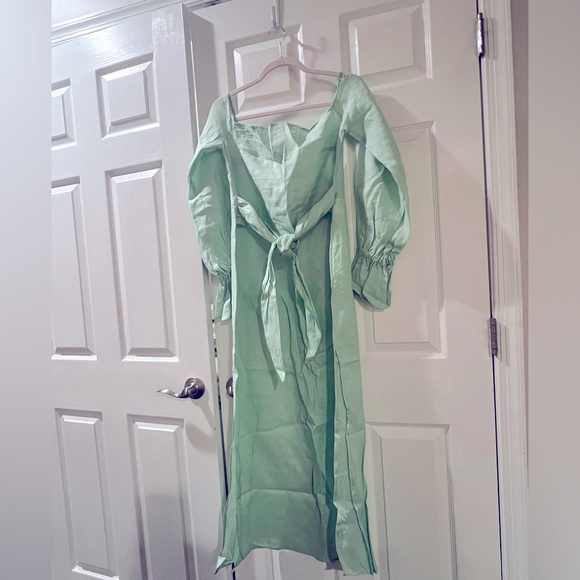 MINT STRAPLESS, LONG-SLEEVED, LINEN TIE-DETAILED MAXI DRESS Sz S - Picture 4 of 7